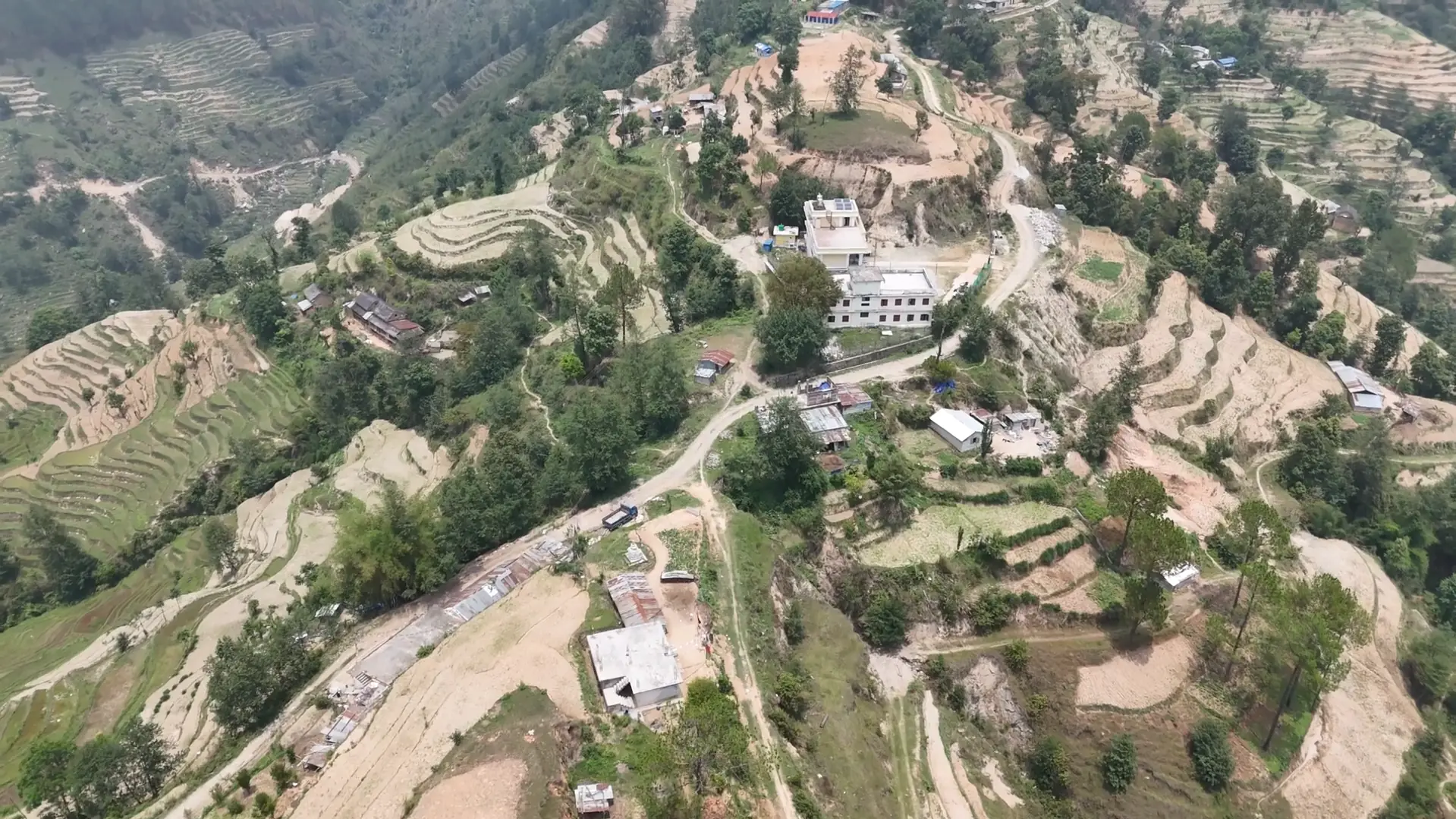 Aerial view of houses, a road and terraces on the ridge